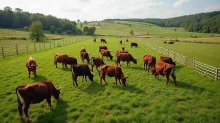 Cattle grazing in lush pastures through rotational grazing on a regenerative agriculture farm