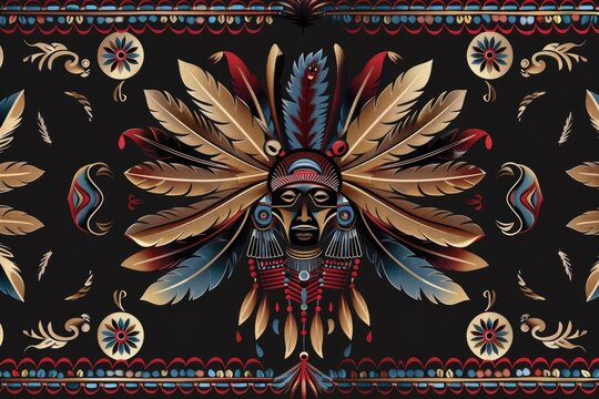seamless vector ornament on black background  native american style