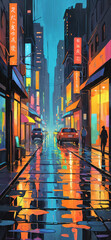 Neon cityscape in the rain, phone wallpaper, phone background