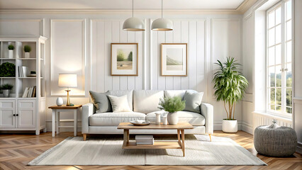 Hampton style living room interior with frame mockup, 3d render, white Mock up frame