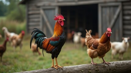 A rooster perched on a wooden fence crowing in a serene farmyard with other birds during daylight