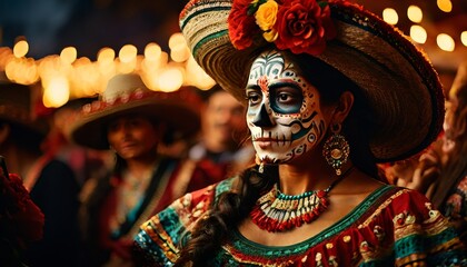 A vibrant image of a woman adorned in traditional costume and intricate face paint at a Day of the Dead festival. Surrounded by colorful lights and festive atmosphere, she embodies the celebration of