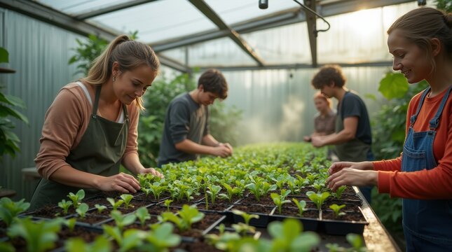 Community agricultural workshop in a small greenhouse with instructor demonstrating seedling care to engaged participants