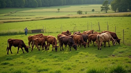 Fototapeta premium A herd of cattle grazing in a lush green field on a regenerative agriculture farm practicing rotational grazing techniques