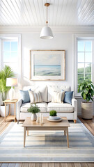 Hampton style living room interior with frame mockup, 3d render, white Mock up frame