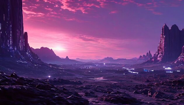 A futuristic alien landscape at twilight featuring dramatic rock formations and neon hues. The otherworldly scenery with glowing lights and a surreal sky creates a captivating and imaginative visual