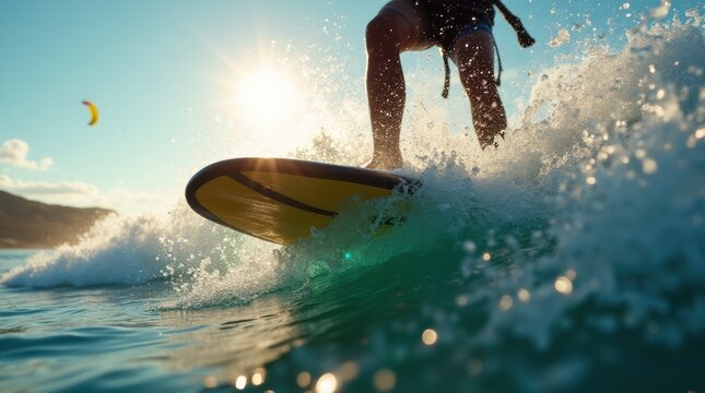 Dramatic close-up of a kitesurfers board slicing through the waves at sunset in a coastal paradise