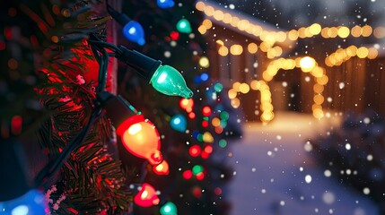 Twinkling holiday lights in vibrant red, blue, and green, illuminating a cozy outdoor winter scene with snow falling.