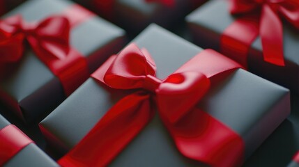 Gift Packages in Black Boxes with Red Ribbon