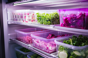 organized freezer shelves with color-coded containers, soft LED lighting