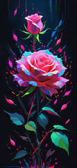 Glowing neon rose blooming, phone wallpaper, phone background