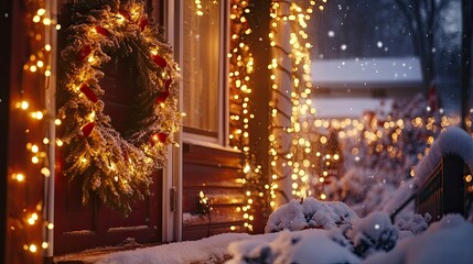 Warm yellow holiday lights wrapped around a porch, illuminating snow-covered wreaths and garlands.