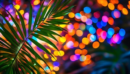 Tropical palm leaf illuminated by vibrant bokeh lights creating a visually stunning atmosphere