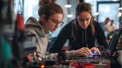 Two individuals collaborate at a community repair cafe to fix electronics using tools and open-source software for sustainability