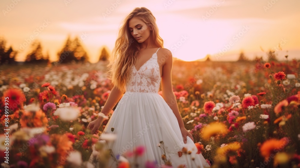 Poster woman in a white dress in a field of flowers