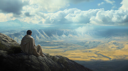 Joshua sits at the edge of the mountain, observing the plains leading to the Promised Land, as depicted in a biblical event.