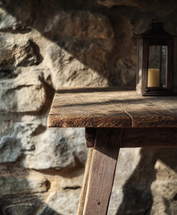 Obraz premium Trestle Table, distressed wood with visible knots and imperfections, set against a rough stone wall
