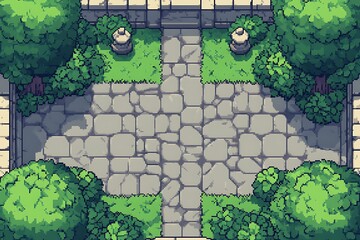 Top down pixel art courtyard with cobblestone path and green bushes