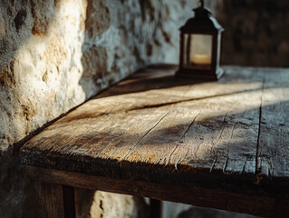 Obraz premium Trestle Table, distressed wood with visible knots and imperfections, set against a rough stone wall