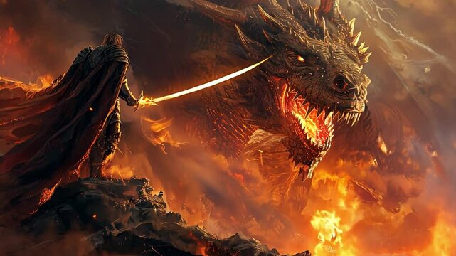 A valiant knight stands boldly with a sword drawn, facing a colossal dragon surrounded by flames and chaos. The atmosphere is charged with tension and bravery.