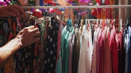 People buying used second hand vintage clothes outdoor. Charity Shop and Garage Sale, Recycling Eco New Life, European Store. 