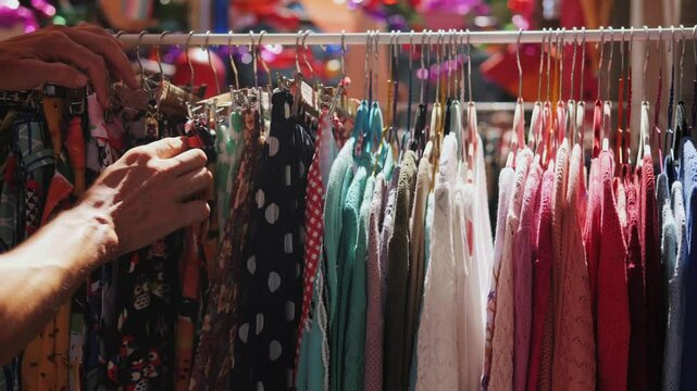 People buying used second hand vintage clothes outdoor. Charity Shop and Garage Sale, Recycling Eco New Life, European Store. 