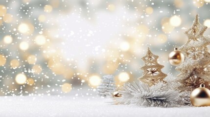 Christmas background with snowy Christmas tree, ornaments and sparkling bokeh lights 
