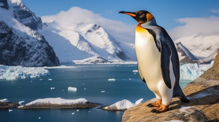 Fototapeta premium King Penguin on a Snowy Mountain Landscape