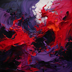 Violent splashes of contrasting colors dark purples reds and blacks collide and mix in jagged chaotic patterns. Sharp, angular forms overlap with no sense of harmony