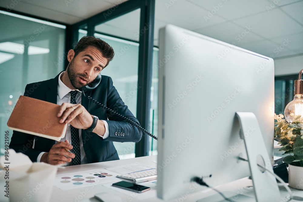 Poster business, man and phone call with computer in office for communication, connection and conversation.