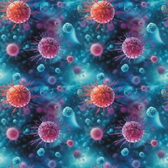 Virus close-up view of corona virus molecule seamless pattern. Health care concept. Coronavirus Covid-19. Precautionary measures. Virus macro photography digital illustration. AI artwork.