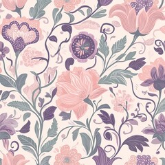 Seamless floral pattern with stylized blooms for fabric or wallpaper design.