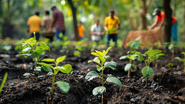 A group of people is actively engaged in planting young saplings in a forested area. They work together to improve the environment and foster community involvement.