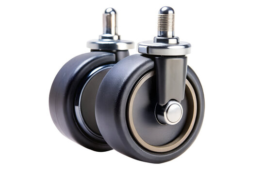 Close-up of two caster wheels on transparent background