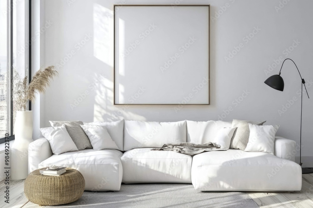 Sticker Minimalist White Living Room with Elegant Poster and Stylish Sofa