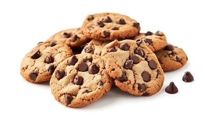 Pile of chocolate chip cookies isolated on white background. Generative Ai