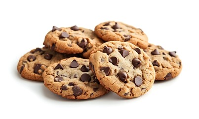 Pile of chocolate chip cookies isolated on white background. Generative Ai