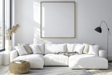 Minimalist White Living Room with Elegant Poster and Stylish Sofa