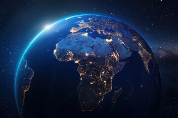 Fototapeta premium A globe with the continents of Africa, Asia, and Europe lit up at night, generative ai image