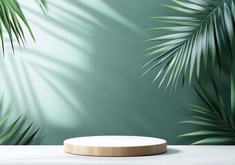 Realistic white 3D round podium background with wood top, Green palm leaf scene. Minimalist 3D mockup abstract cosmetic product display presentation, Stage showcase. Platforms geometric. Generative Ai