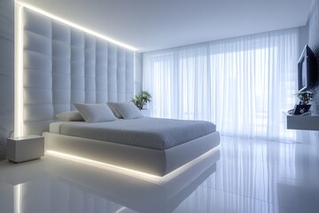 Fototapeta premium Luxurious Modern Bedroom Interior Design with White Walls and Stylish Furniture
