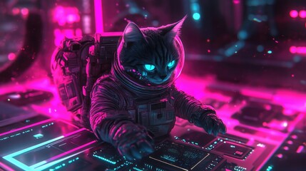 A futuristic cat astronaut with glowing eyes sits at a control panel in a neon-lit spaceship.