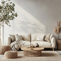 Modern Scandinavian Farmhouse Living Room Interior Design with Cozy Furniture and White Walls
