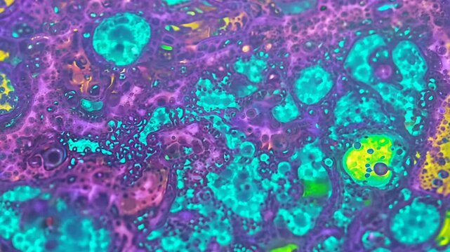 Observe the fascinating process of microorganism reproduction as colorful cellular structures multiply and interact under high magnification in a laboratory.