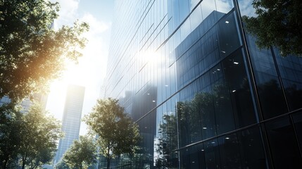 Modern business building in a busy urban environment, surrounded by traffic and pedestrians.