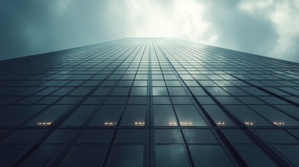 Financial building in a downtown setting with overcast skies, minimalist design and dramatic atmosphere.