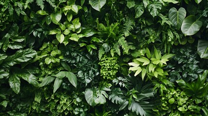 A lush, green wall of various leaves and plants, creating an enchanting backdrop for your product presentation. The texture is rich with shades of emerald to dark forest greens, providing a natural an