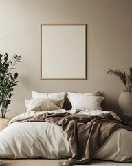Modern Scandinavian Bedroom Interior with Blank Poster Mockup