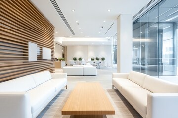 Obraz premium Sleek Modern Office Lounge with White Sofas and Contemporary Design