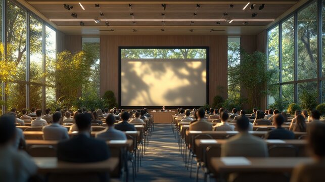 Professionals attending a leadership seminar during a business conference in a modern seminar room, with presentation slides on screen and focused lighting.